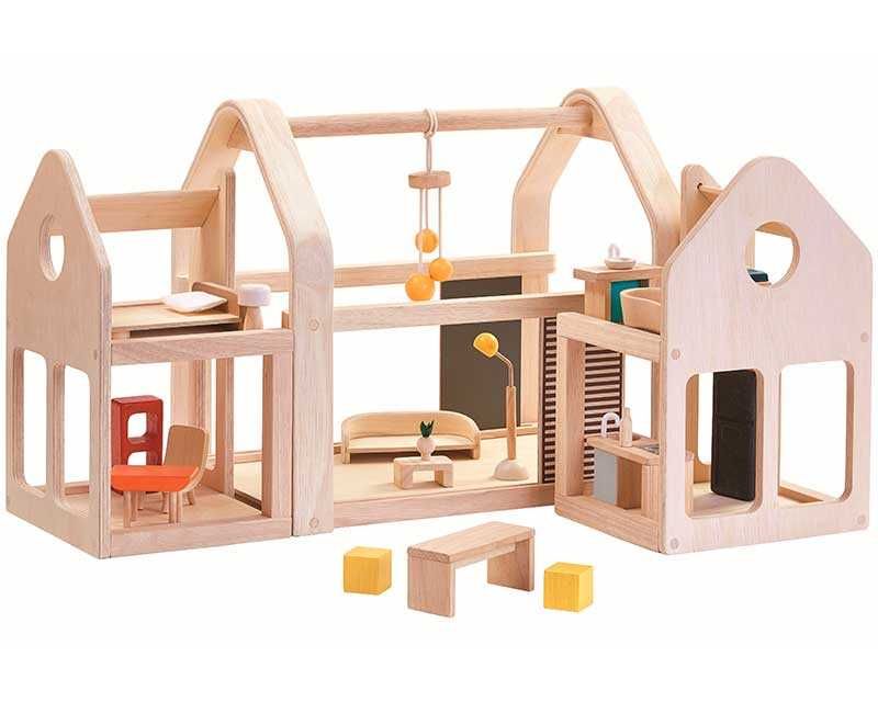 PlanToys Φορητό Κουκλόσπιτο - Ξύλινο κουκλόσπιτο με επίπλωση